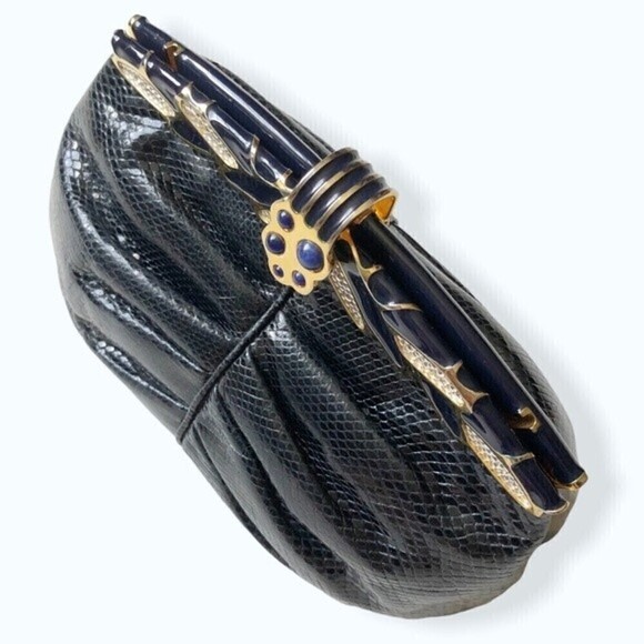 60s- 70s Finesse La Model Snakeskin Navy Blue Clutch Shoulder Bag Gold Hardware - Picture 6 of 15